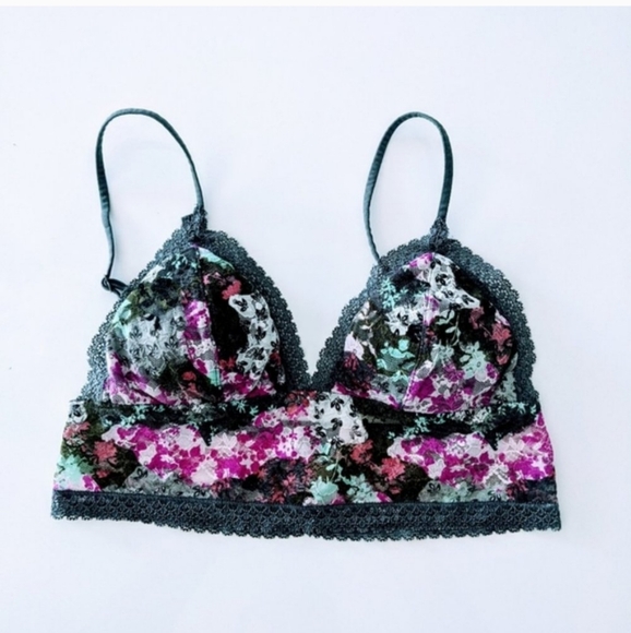 Summer stretch lace print bralette, adjustable straps, Gray with pink & magenta - Picture 3 of 8